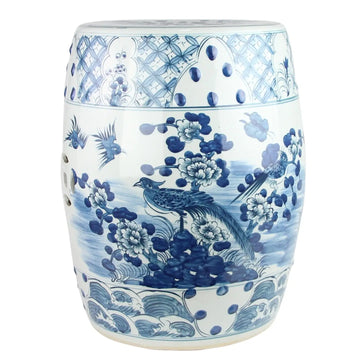 Blue & White Flower and Bird Garden Stool