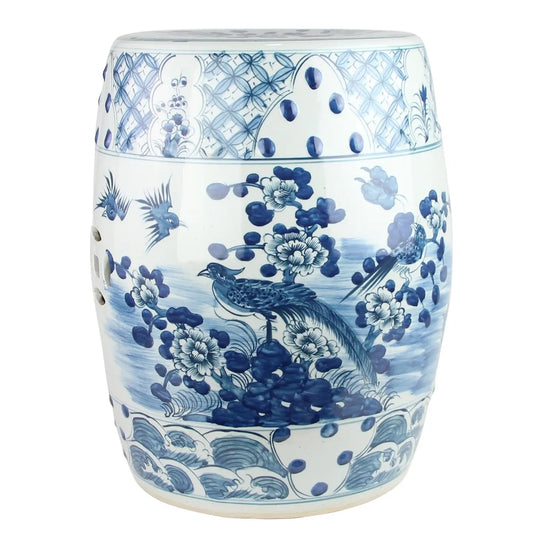 Blue & White Flower and Bird Garden Stool